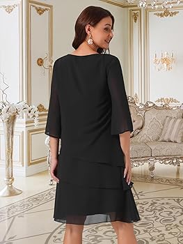 Seta T Women's Chiffon Dresses 3/4 Bell Sleeve Crewneck